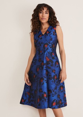 Phase Eight Clarisse Print Jacquard Dress Deep Blue/Multicolor Australia | VS1382706